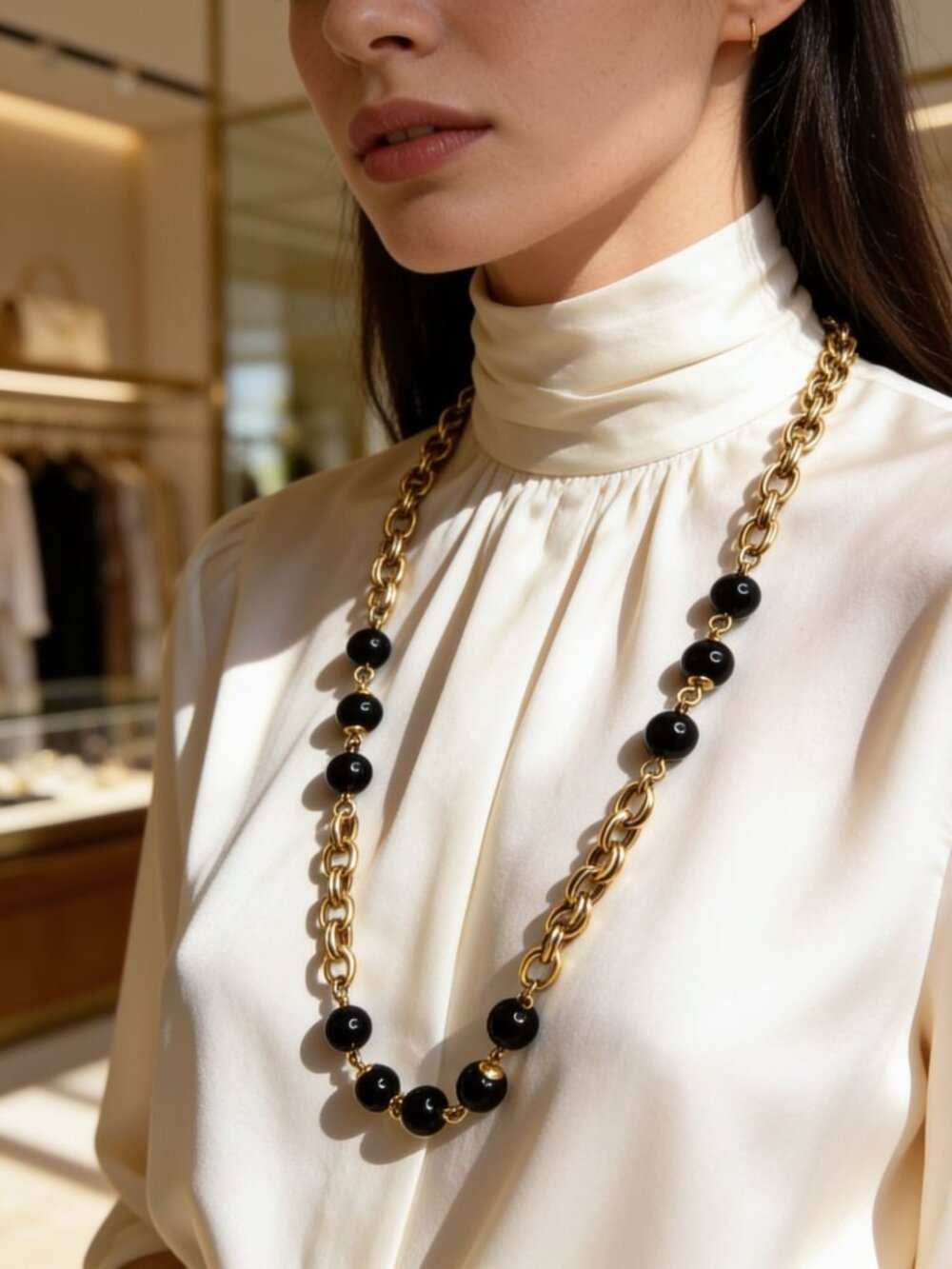 Vintage Trifari gold tone necklace featuring simulated black onyx beads, 18.5"